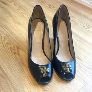 Tory Burch Peep Toe Navy Wedges